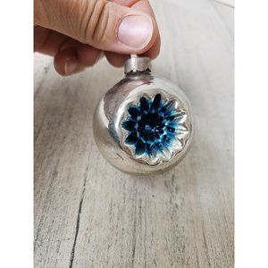 Antique double reflector indent silver mini glass ball ornament blue Xmas tree